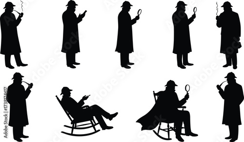 Detective silhouette vector, Sherlock Holmes poses, magnifying glass and pipe icons, black and white mystery design, classic investigator illustration