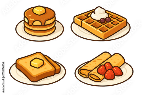 Assortment of classic breakfast foods including pancakes waffles toast and crepes