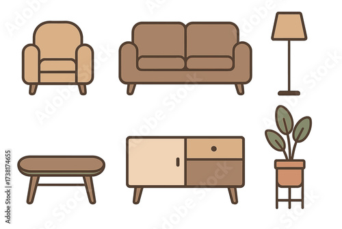 Collection of modern living room furniture and home decor elements in a minimalist style