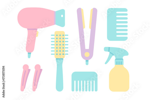 Hair styling tools and accessories set including hairdryer brush comb and clips