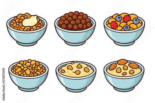 Assortment of breakfast cereals and oatmeal bowls with fresh fruit and nut toppings