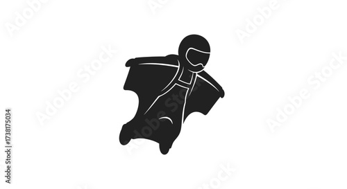 A stylized graphic depiction of a wingsuit flyer silhouette soaring through air with helmet