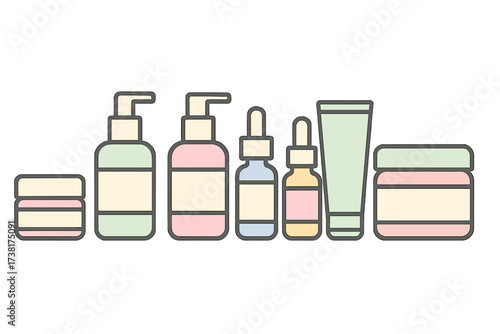 Collection of various cosmetic and skincare product containers for beauty routine