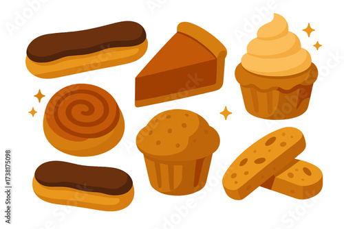 Assortment of baked goods: eclairs, muffins, pie, and cinnamon roll