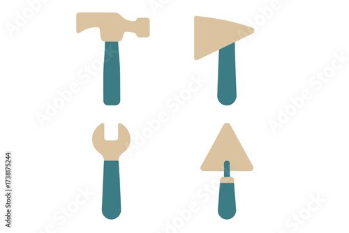 Assortment of essential construction and home repair hand tools including hammer, wrench, axe, and trowel