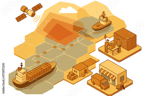 Global logistics network with cargo ships, delivery trucks, and satellite tracking