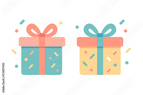 Colorful gift boxes with festive bows and scattered confetti elements for celebration
