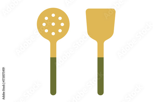 Modern kitchen utensils including a slotted spoon and a flat spatula