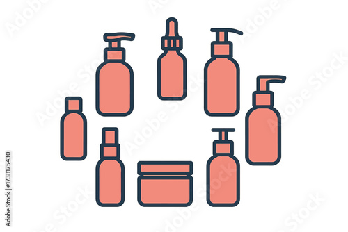 Collection of cosmetic product containers including pump bottles, dropper, and cream jars