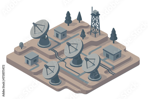 Global communication network with satellite dishes, transmission tower, and data infrastructure