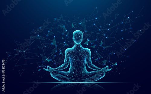 Yoga body woman health polygon 3d science vector abstract background. Digital low poly meditation pose with energy aura, chakra balance, spiritual human silhouette in lotus asana, futuristic zen.