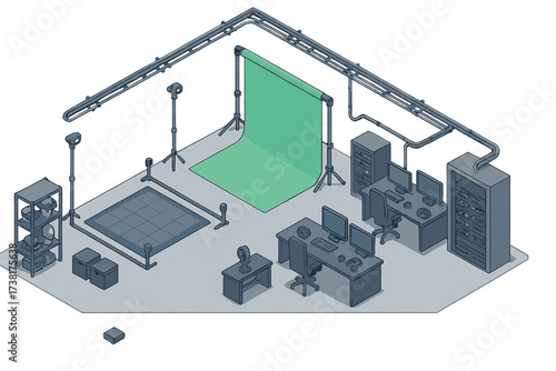 Isometric view of a professional creative studio with green screen and computer workstations