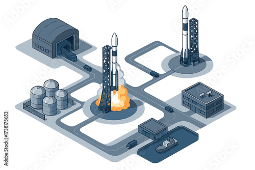 Space rocket launching from a modern spaceport with industrial infrastructure