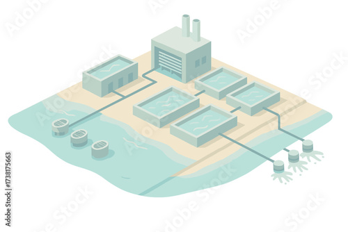 Isometric modern water purification and treatment facility with multiple tanks
