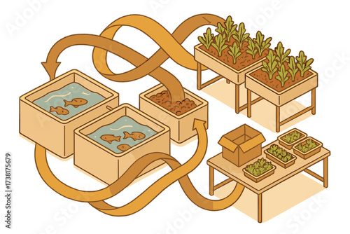 Aquaponics system showing fish tanks, plant beds, and harvested produce in a sustainable loop