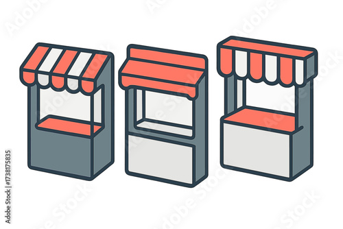 Collection of three empty market stalls with colorful striped awnings for various outdoor events and sales