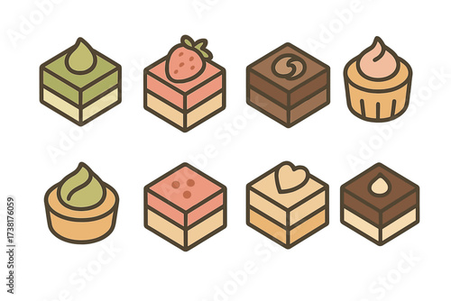 Assortment of delicious miniature cakes and cupcakes with various toppings