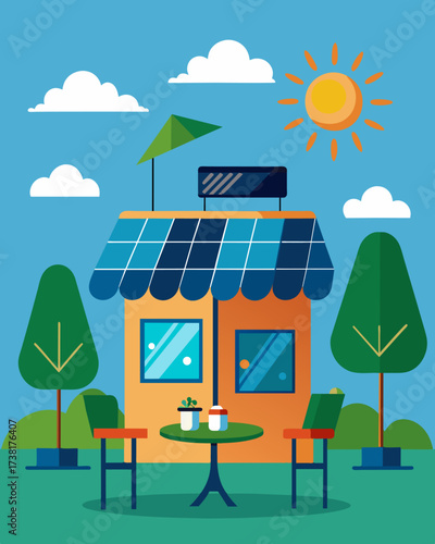 An ecofriendly cafe with outdoor tables equipped with solar chargers allowing customers to charge their devices while sipping on locally sourced coffee.. Vector illustration