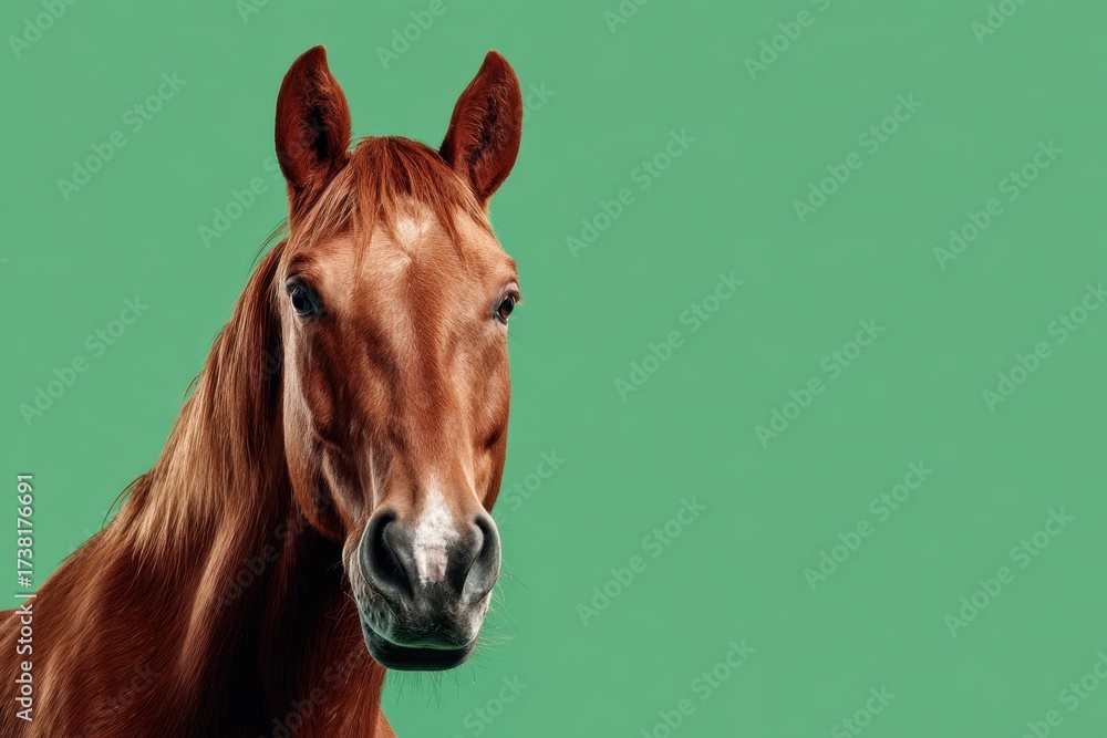 Obraz premium Cute Horse isolated on green color background. Funny pony snout looks on studio chroma key backdrop. Farm animals. Farming or agriculture. Domestic animals. with amusing face. Surprised expression.
