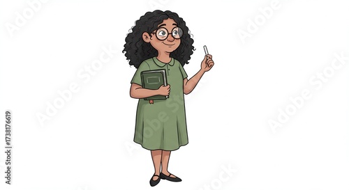 Cartoon teacher with curly hair, glasses, and a green dress holds a book and chalk, smiling confidently against a white background.