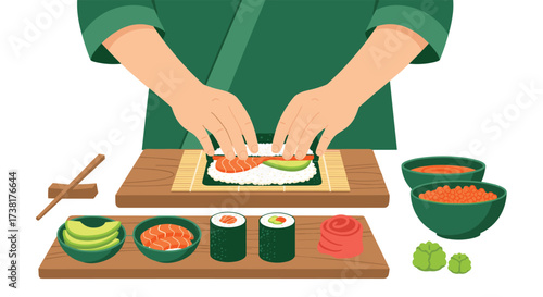 Chef preparing sushi rolls with fresh ingredients on a wooden board.
