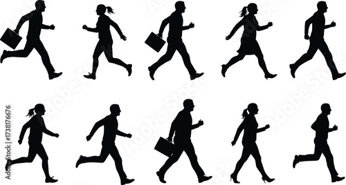 Walking and running silhouette vector, business people in motion, black and white design, minimal human movement illustration, urban lifestyle icon
