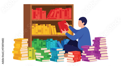 Person organizing books on a shelf and stacks of books.