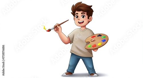 A cheerful cartoon boy holding a paint palette and brush, ready to paint with bright colors, wearing a beige shirt, jeans, and sneakers.