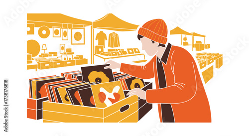 Man browsing vinyl records at an outdoor market stall.