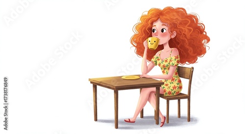 A woman with curly red hair sits at a table, sipping from a yellow cup and enjoying a peaceful coffee moment in a floral dress.
