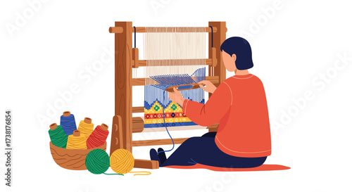 Person weaving on a loom with colorful threads.