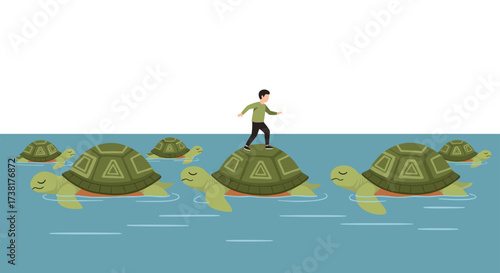 Man Riding Giant Turtles in the Ocean.