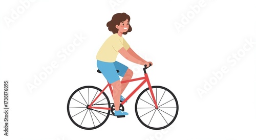 Cartoon person riding a red bicycle, smiling and wearing a yellow shirt and blue shorts, enjoying a pleasant ride on a white background.