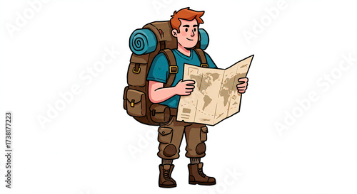 Cartoon of a young hiker with a big backpack and map, wearing trekking clothes, ready for an outdoor adventure and exploring nature.