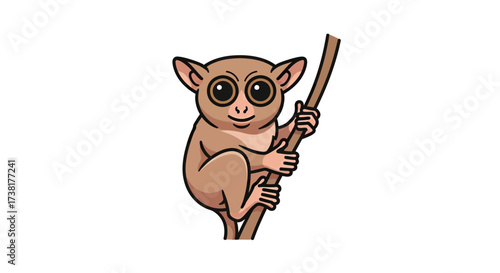 Cartoon tarsier clinging to a branch with its big eyes and a charming expression