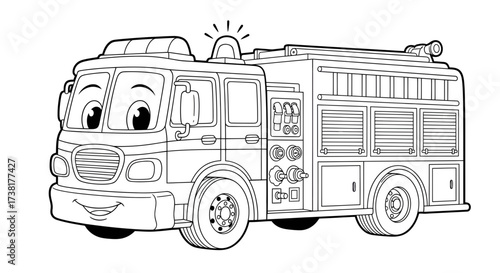 Charming cartoon fire engine illustration for children's coloring book or educational purpose