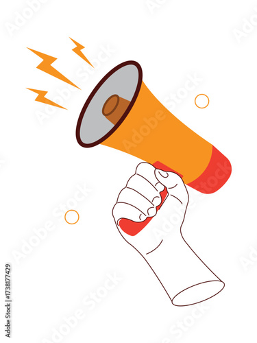 Hand holding megaphone with sound waves. Bold vector illustration for announcements, marketing campaigns, public speaking, and promotional communication in creative advertising and branding projects.