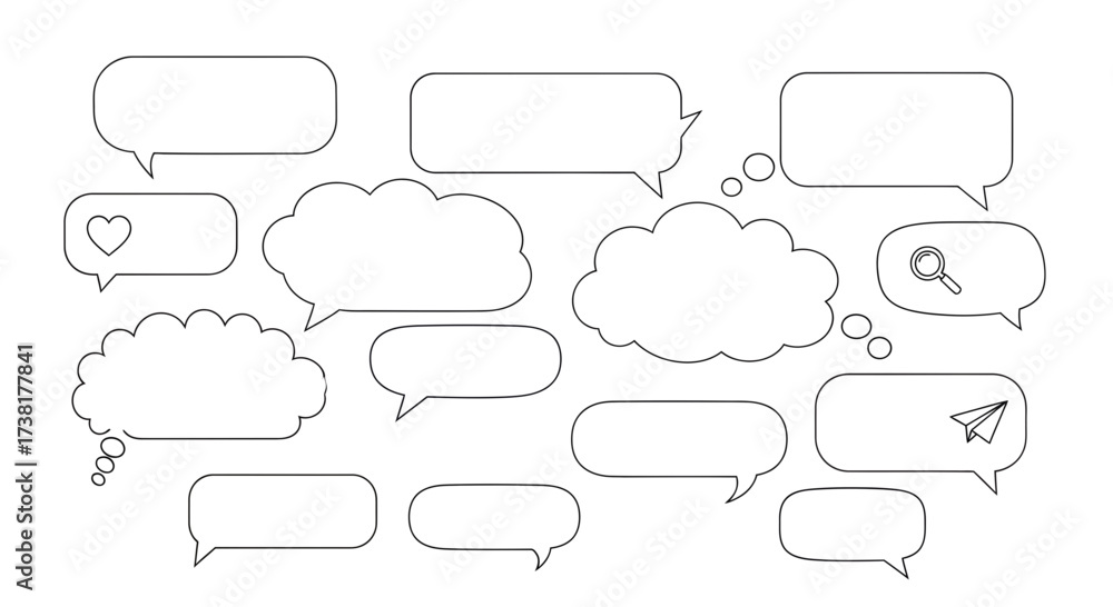 Fototapeta premium Collection of versatile outlined speech bubbles and thought clouds on white backdrop