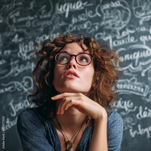 Thoughtful woman in glasses pondering ideas against chalkboard backdrop