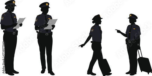 Police officer silhouettes, law enforcement vector, black graphic clipart, uniformed personnel with suitcase, document reading poses, pointing gesture design