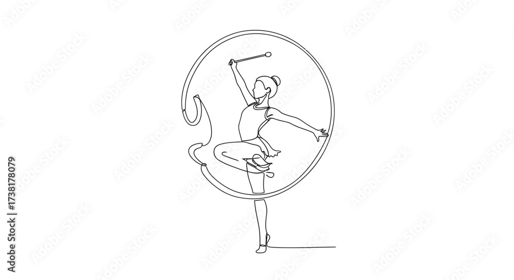 Obraz premium Continuous line drawing of a gymnast with ribbon during competition or performance showing