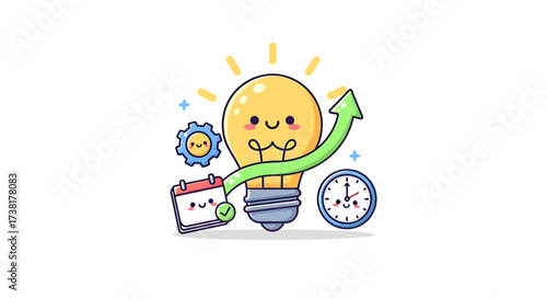 Creative solutions symbolized by cheerful lamp with arrow and time management concept image