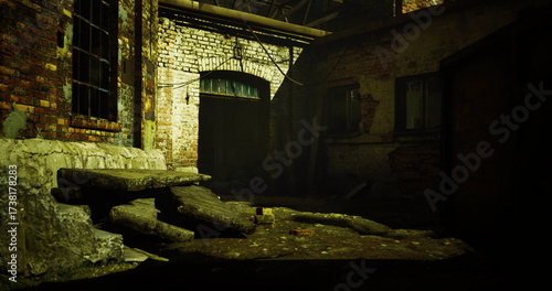 An old alleyway showcases worn brick walls, crumbling steps, and shadows cast by dim light. The atmosphere is eerie and deserted, hinting at stories untold in this quiet area.