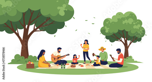 A family enjoys a pleasant picnic with music and games.