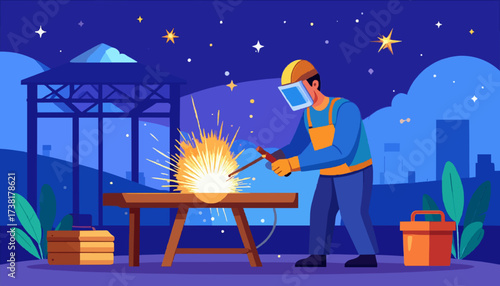 Welder at work sparks flying wearing protective gear night scene industry high quality professional