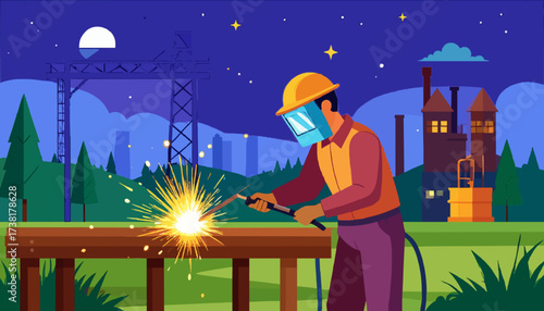 Welder at work Sparks flying night scene industrial landscape hard work high quality professional
