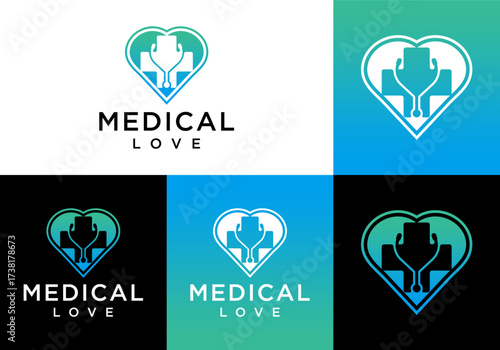 medical cross logo icon vector with stethoscope and heart