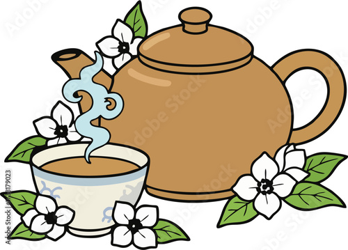 Traditional Chinese Tea Set with Teapot and Jasmine Flowers Vector – Authentic Asian Herbal Tea Illustration with Steaming Cup on Wooden Tray