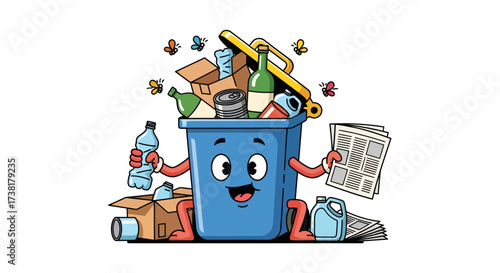 Enthusiastic cartoon trashcan promoting recycling of waste materials like plastic bottles