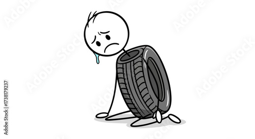 Exhausted stick figure wearily burdened by a tire, showcasing fatigue and struggle